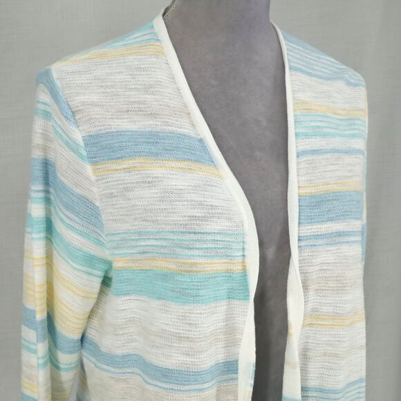 J Jill Sweater Petites MP PM White Blue Stripe Cardigan Cotton Open Front New - Picture 7 of 16